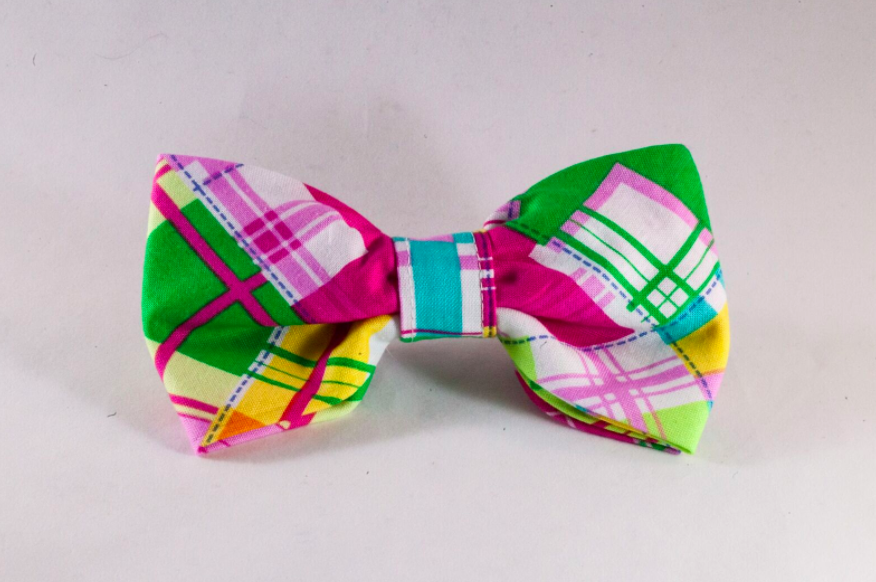 Preppy Pink And Yellow Madras Dog Bow Tie