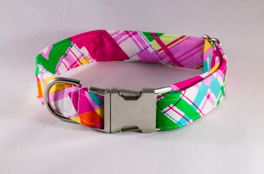 Preppy Pink And Yellow Madras Dog Collar