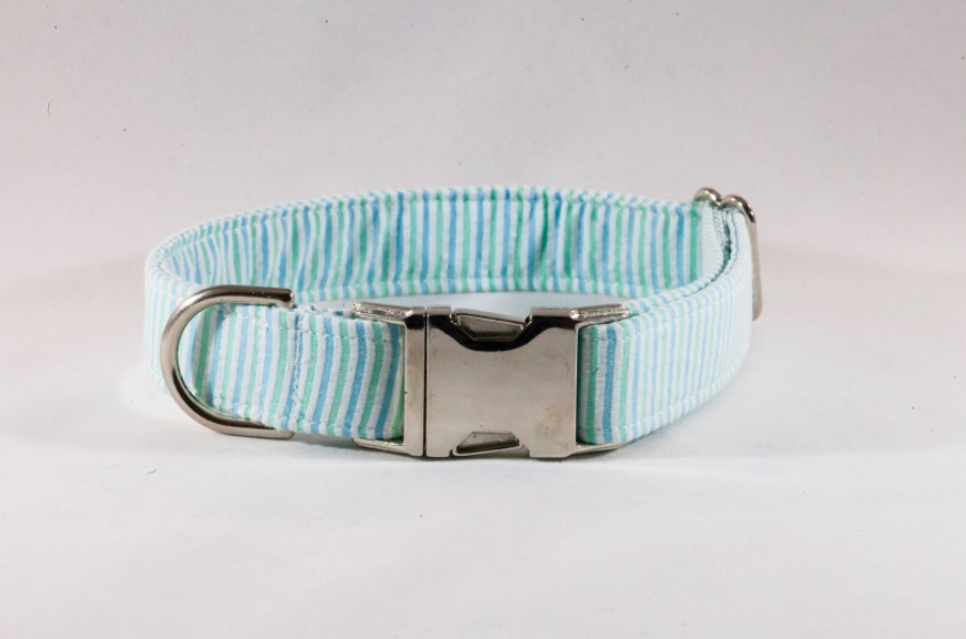 Preppy Mint Green Stripe Seersucker Dog Collar