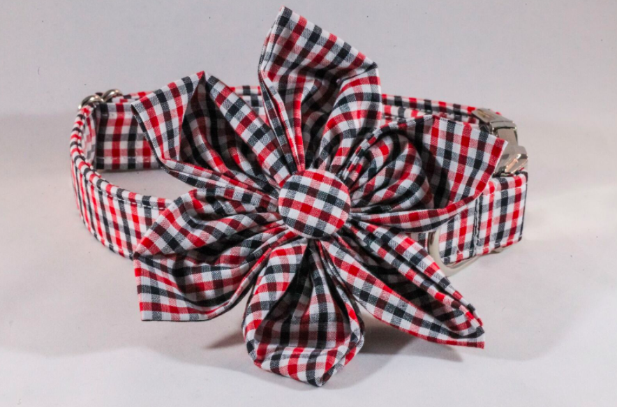 Preppy Black And Red Gingham Girl Dog Georgia Bulldogs Flower Bow Tie Collar