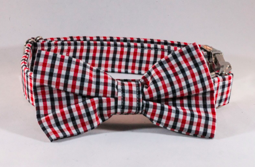 Preppy Black And Red Gingham Georgia Bulldogs Dog Bow Tie Collar