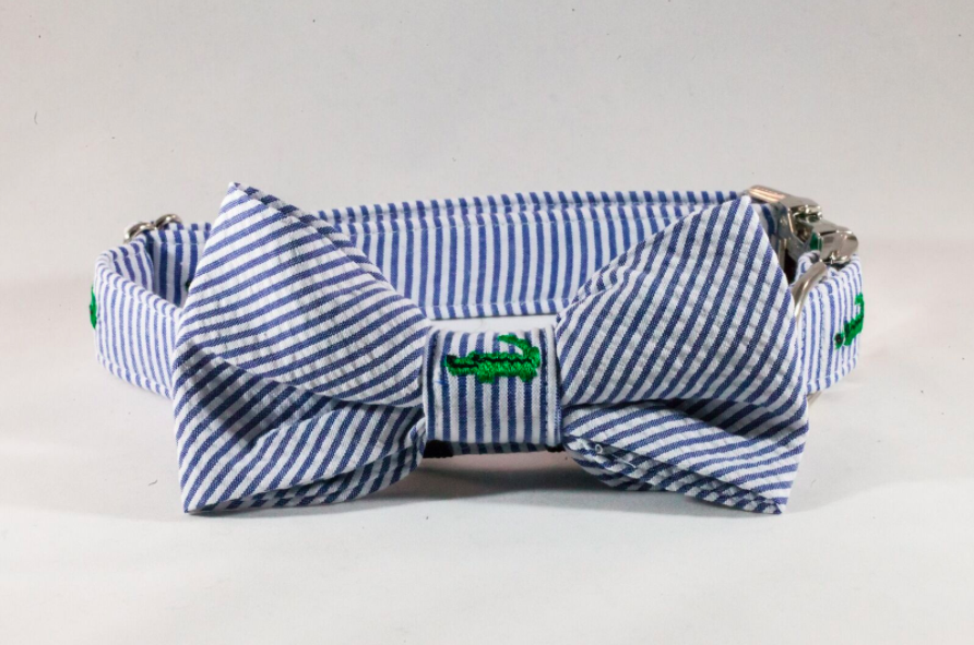 Preppy Navy Alligator Seersucker Bow Tie Dog Collar