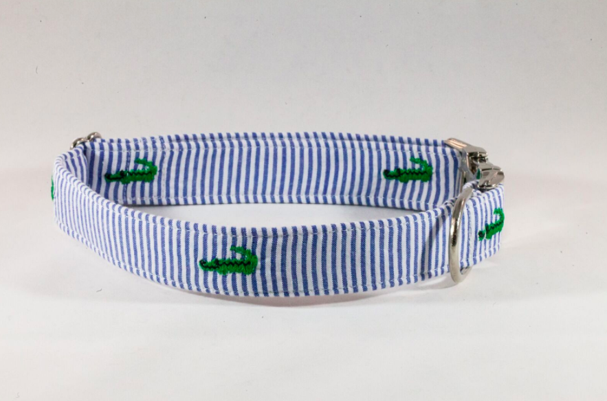 Preppy Navy Alligator Seersucker Bow Tie Dog Collar