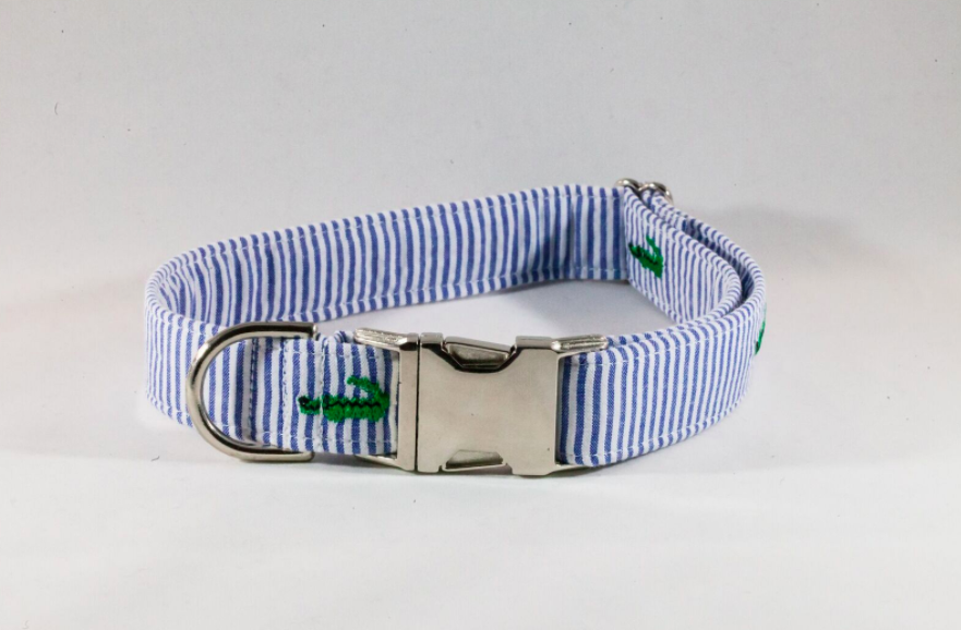 Preppy Navy Alligator Critter Seersucker Dog Collar