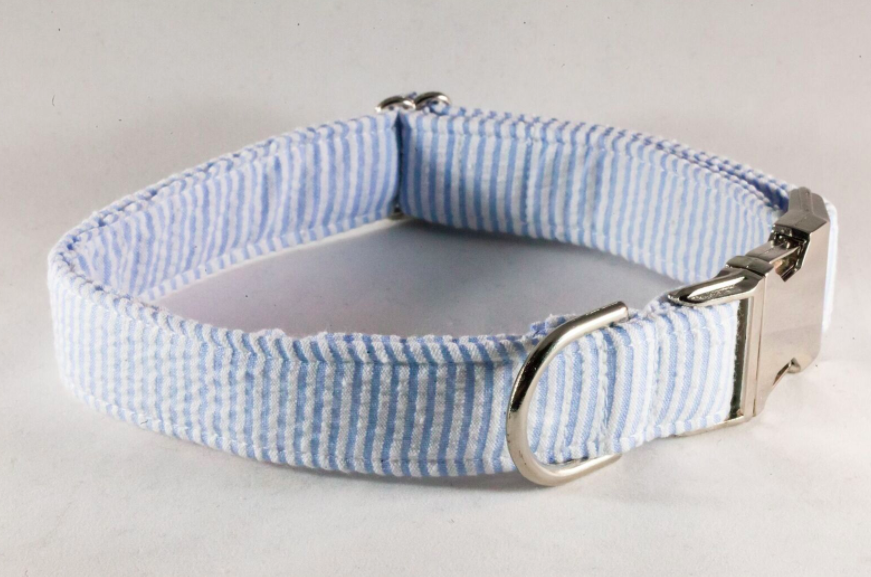 Preppy Classic Blue Seersucker Dog Collar