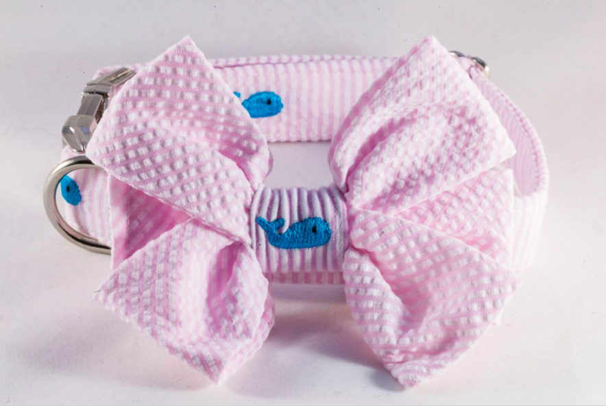 Preppy Pink Seersucker Whale Girl Bow Tie Dog Collar