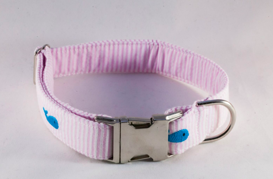 Preppy Pink Seersucker Whale Girl Dog Collar