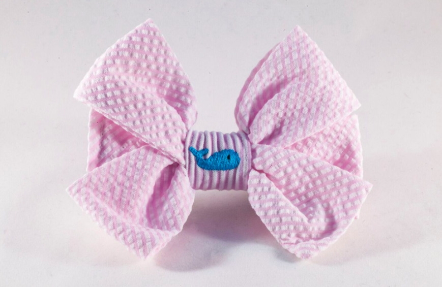 Preppy Pink Seersucker Whale Girl Dog Bow Tie