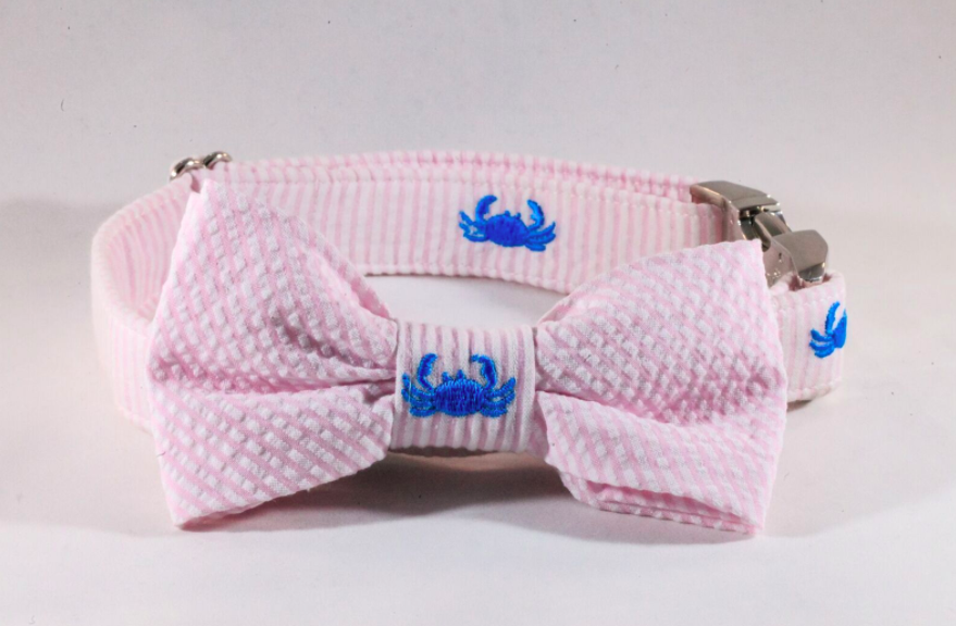 Preppy Pink Crab Seersucker Bow Tie Dog Collar