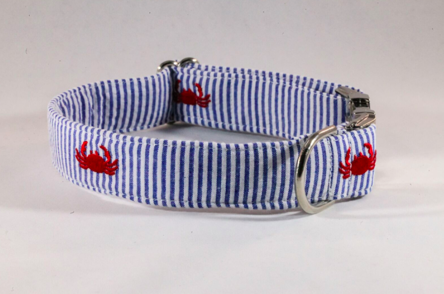 Preppy Navy Blue Crab Seersucker Dog Collar