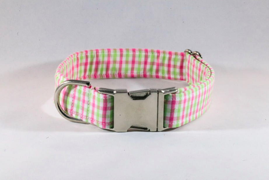 Preppy Pink And Green Gingham Dog Collar