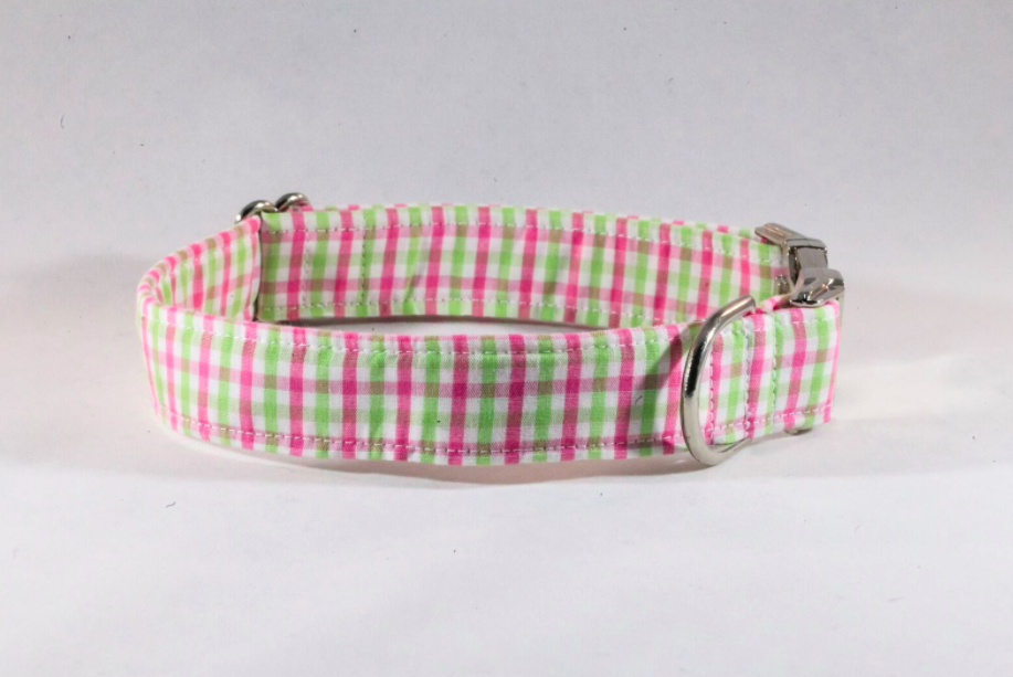 Preppy Pink And Green Gingham Dog Collar