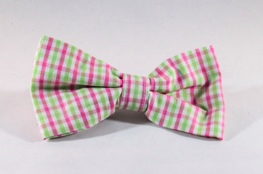 Preppy Pink And Green Gingham Dog Bow Tie