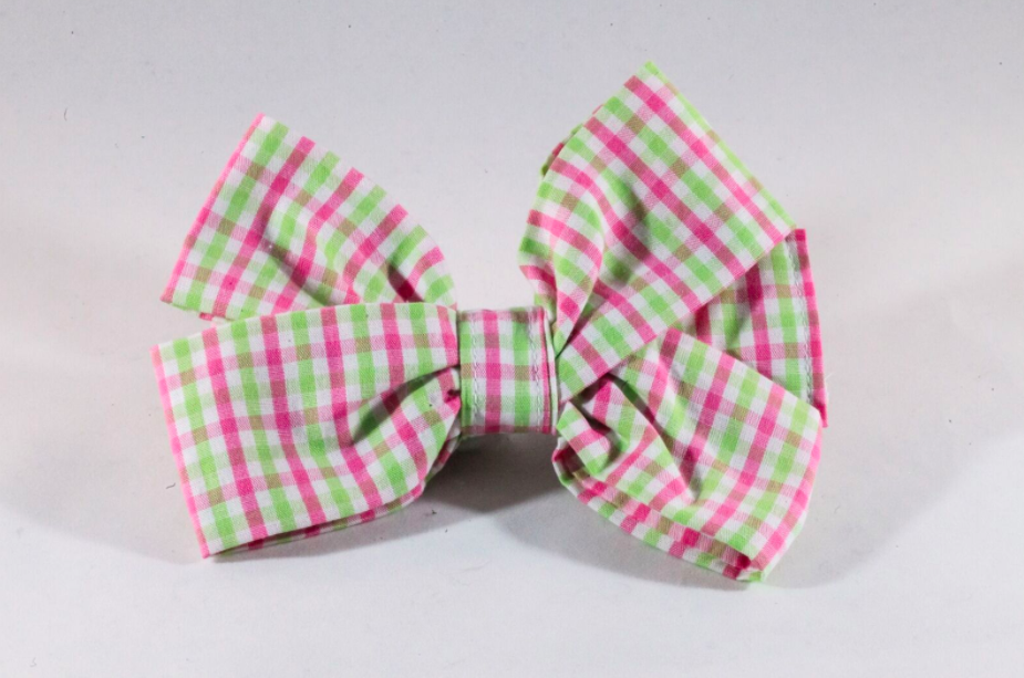 Preppy Pink And Green Gingham Girl Dog Bow Tie