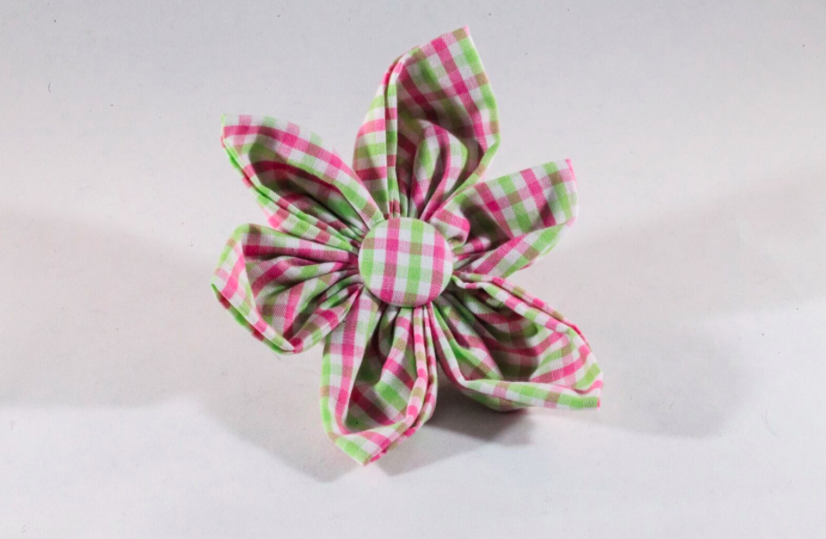 Preppy Pink And Green Gingham Girl Dog Flower Bow Tie