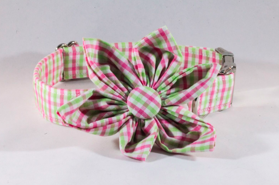 Preppy Pink And Green Gingham Girl Dog Flower Bow Tie Collar