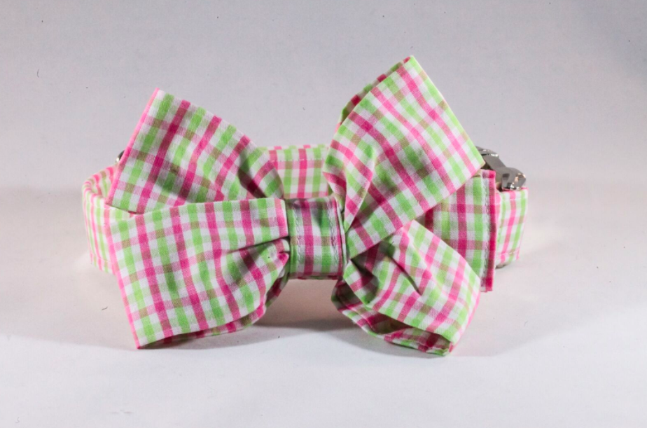 Preppy Pink And Green Gingham Girl Dog Bow Tie Collar