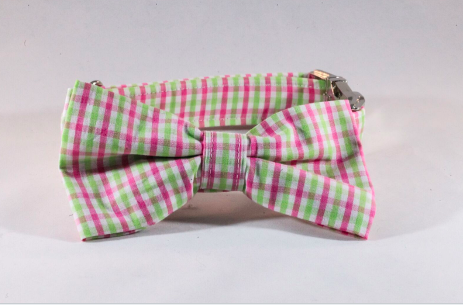 Preppy Pink And Green Gingham Dog Bow Tie Collar