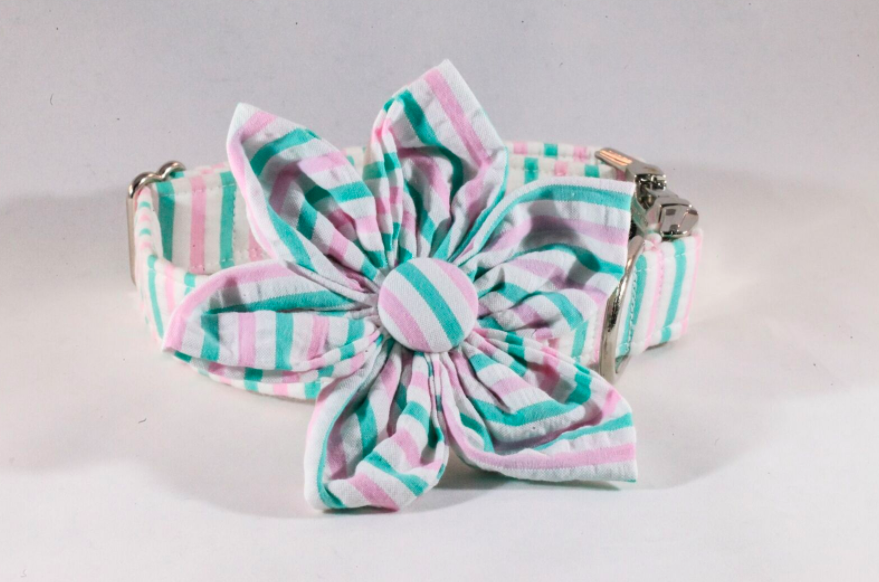 Preppy Pink And Green Seersucker Girl Dog Flower Bow Tie Collar