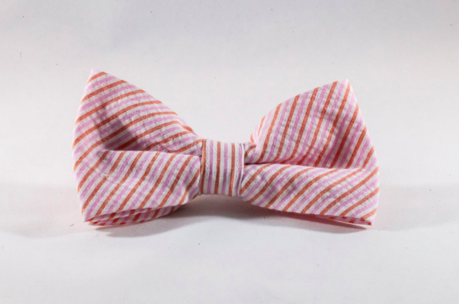 Preppy Pink And Orange Sherbet Seersucker Dog Bow Tie