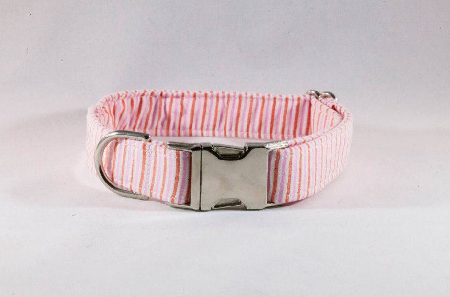 Preppy Pink And Orange Sherbet Seersucker Dog Collar