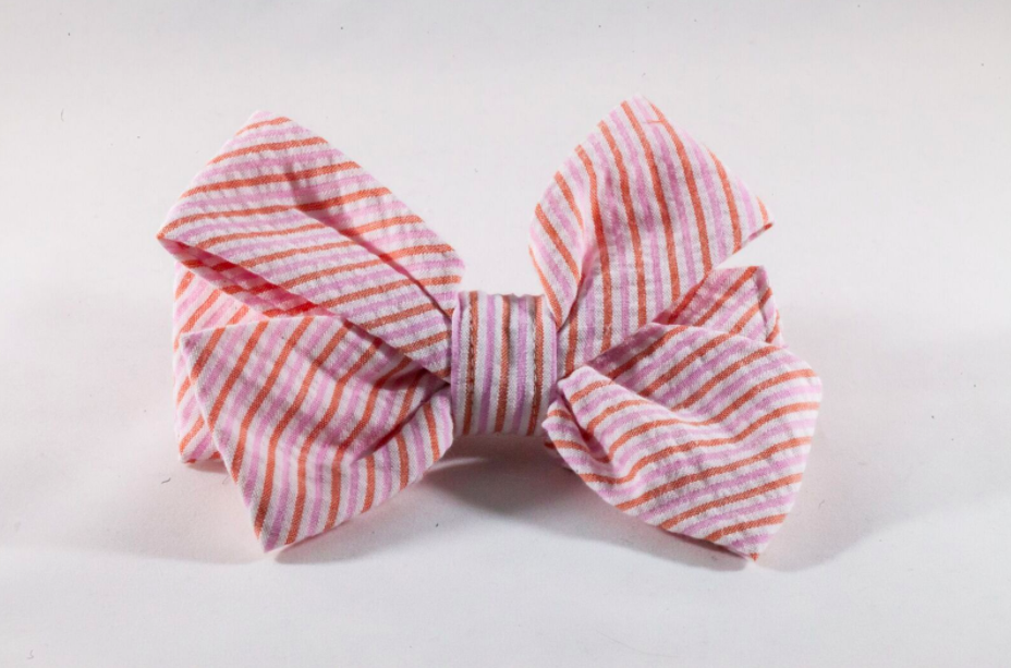 Preppy Pink And Orange Sherbet Seersucker Girl Dog Bow Tie