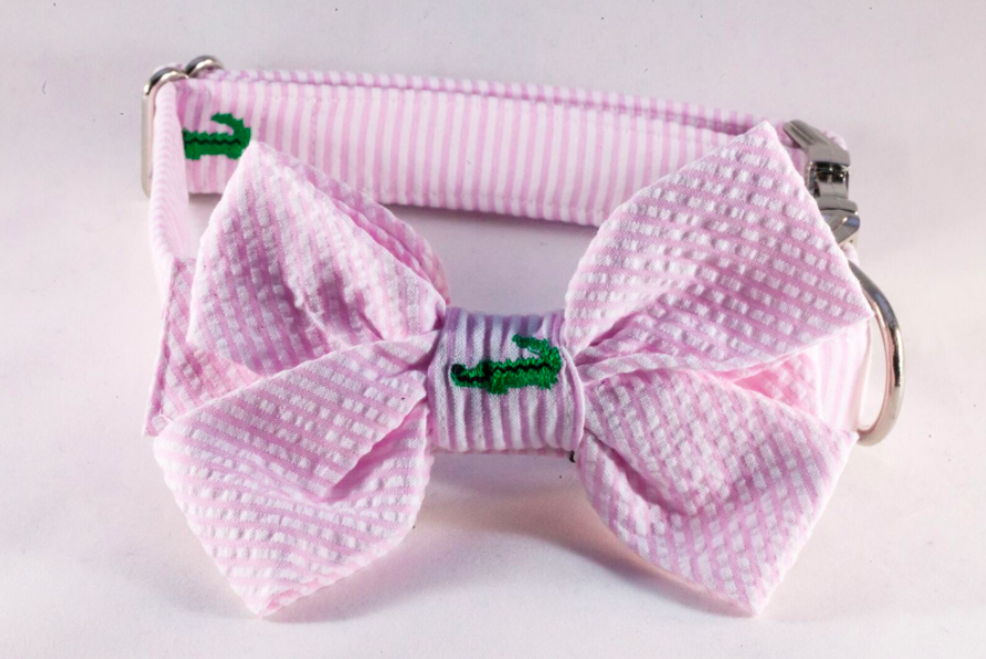 Preppy Pink Seersucker Alligator Girl Bow Tie Dog Collar