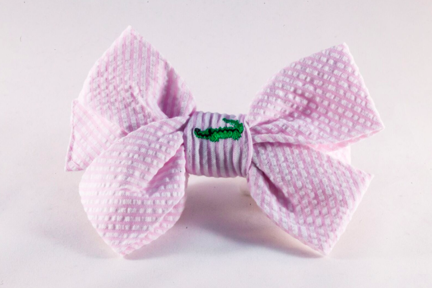 Preppy Pink Seersucker Alligator Girl Bow Tie Dog Collar