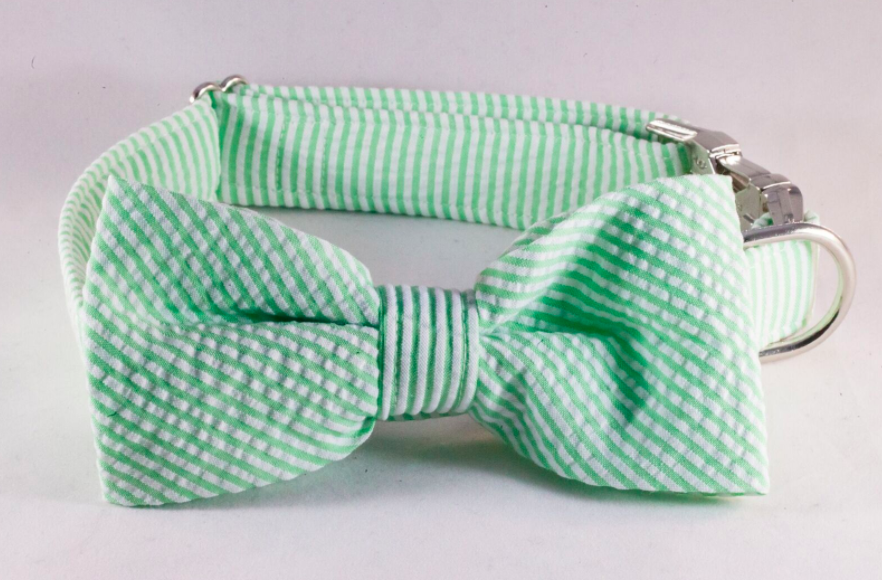 Preppy Green Seersucker Bow Tie Dog Collar