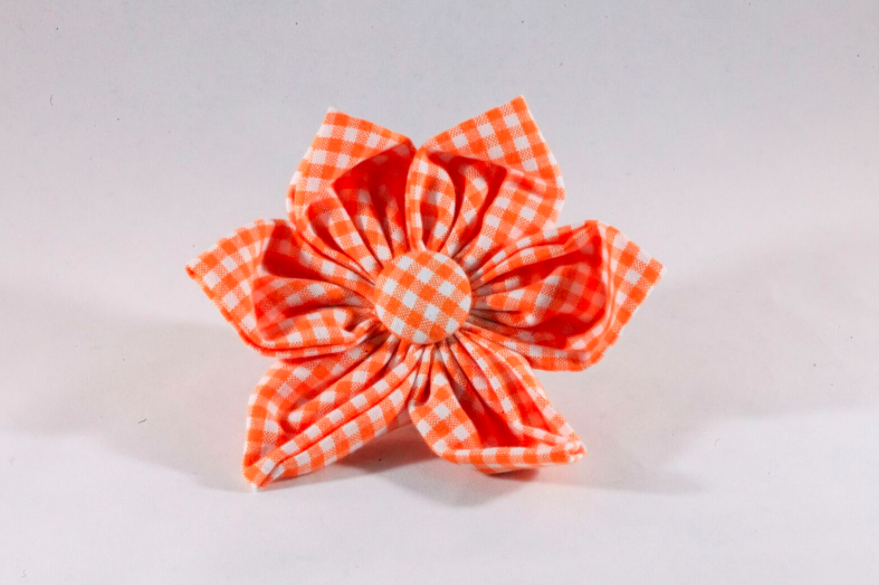 Preppy Orange And White Gingham Girl Dog Flower Bow Tie