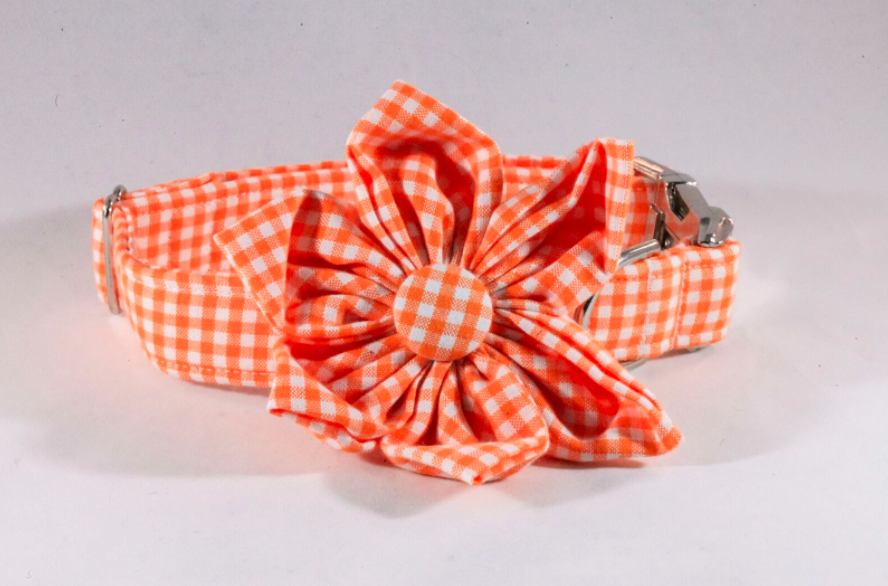 Preppy Orange Gingham Girl Dog Flower Bow Tie Collar