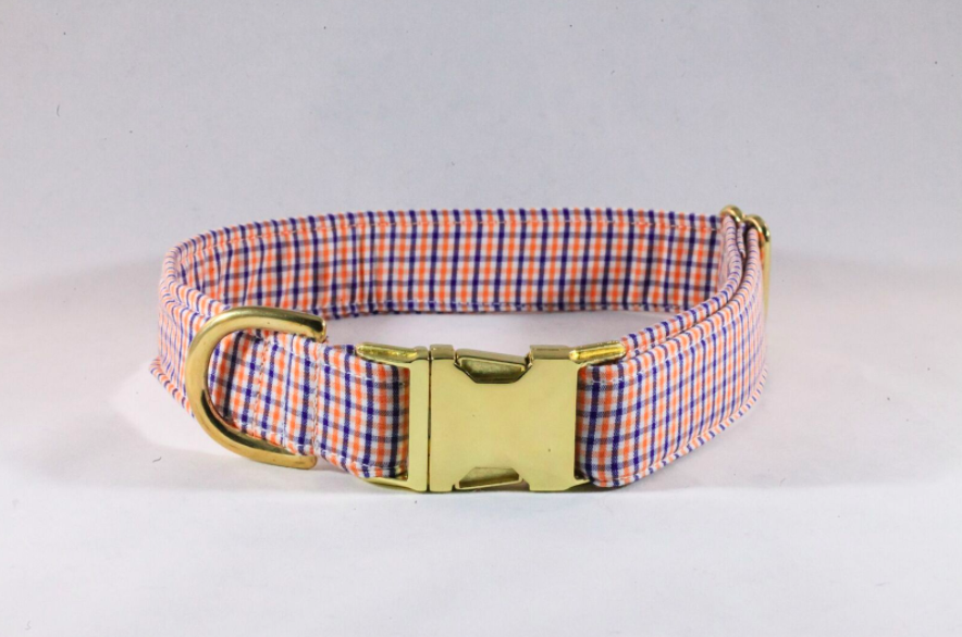 Preppy Navy And Orange Gingham Auburn Dog Collar