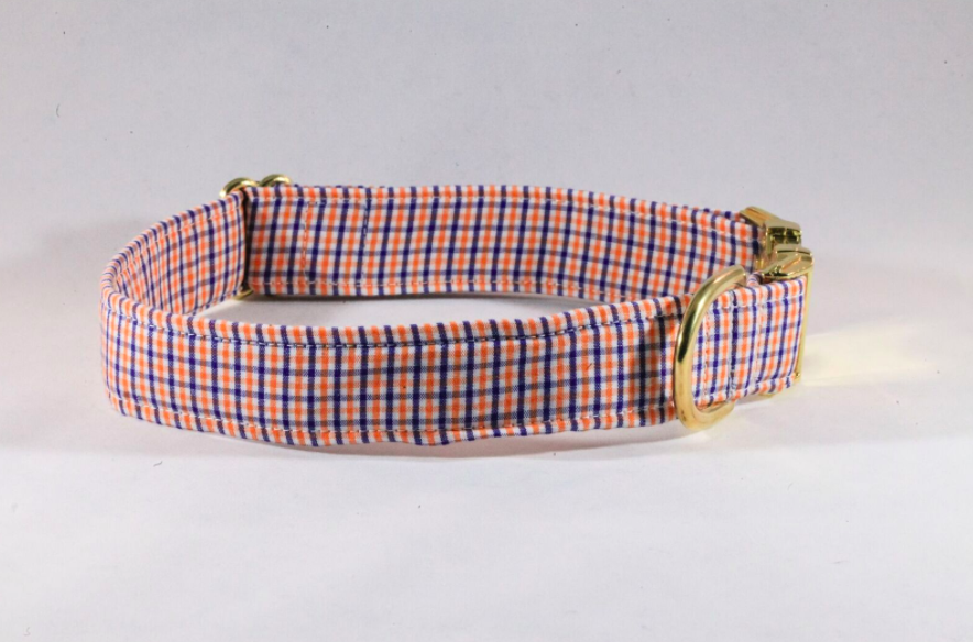 Preppy Navy And Orange Gingham Auburn Dog Collar