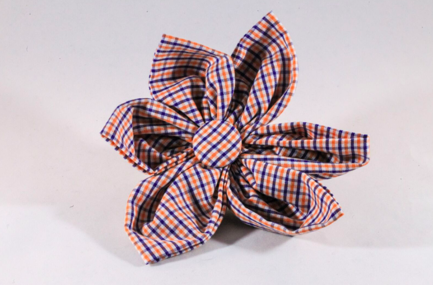 Preppy Navy And Orange Gingham Auburn Tigers Girl Dog Flower Bow Tie