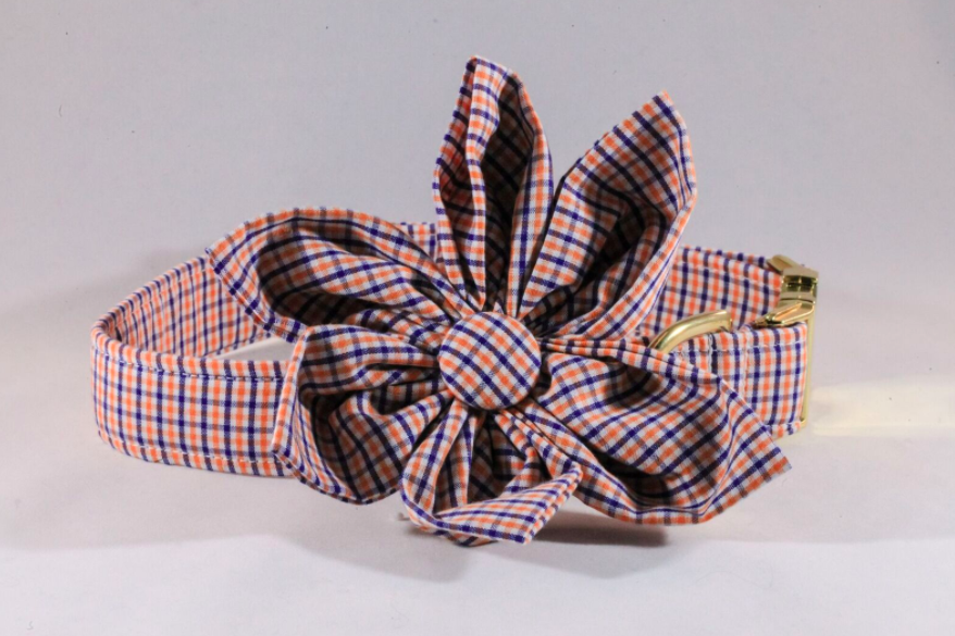 Preppy Navy And Orange Gingham Auburn Tigers Girl Dog Bow Flower Tie Collar