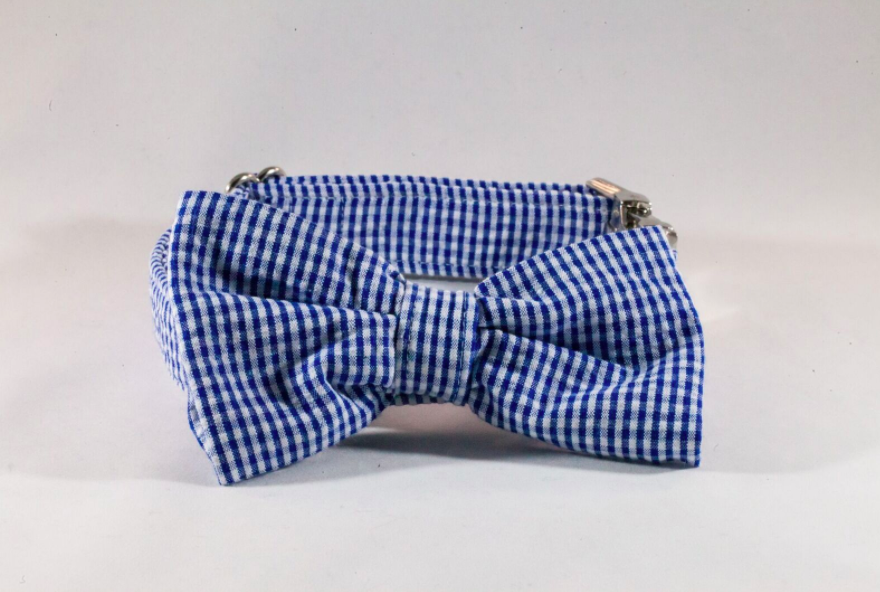 Preppy Navy Blue Gingham Seersucker Dog Bow Tie Collar