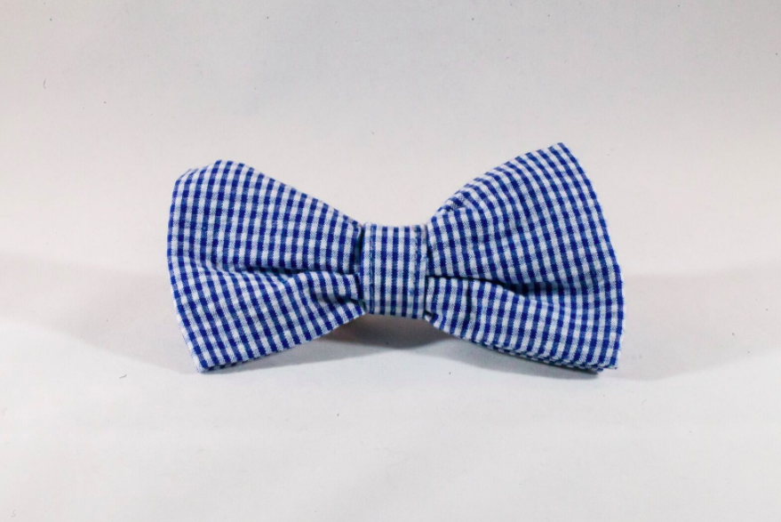 Preppy Navy Blue Gingham Seersucker Dog Bow Tie