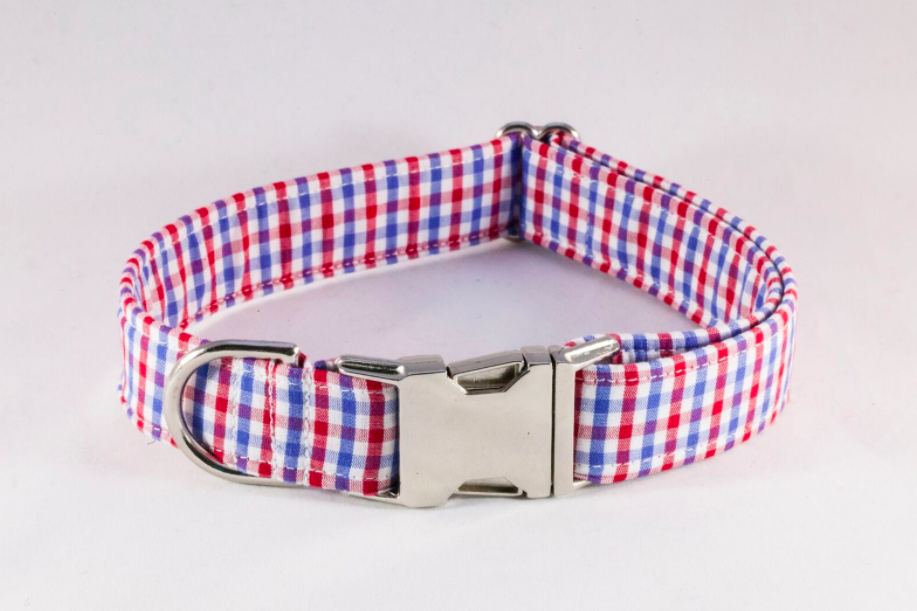 Preppy Red White And Blue Gingham Dog Bow Tie Collar, Ole Miss Rebels