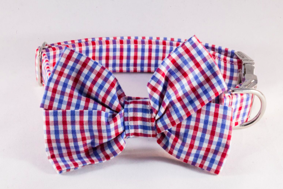 Preppy Red White And Blue Gingham Girl Dog Bow Tie Collar, Ole Miss Rebels