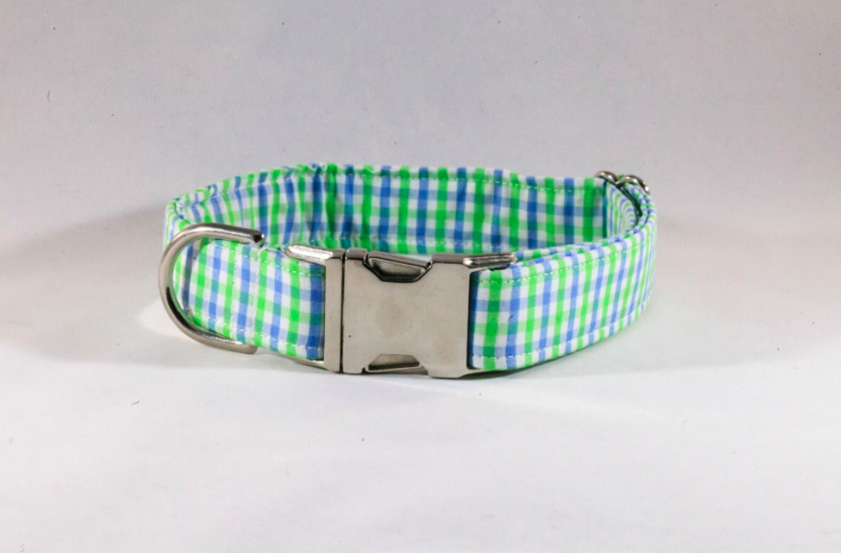 Preppy Blue And Green Gingham Dog Collar