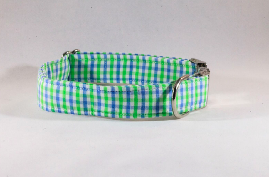 Preppy Blue And Green Gingham Dog Collar