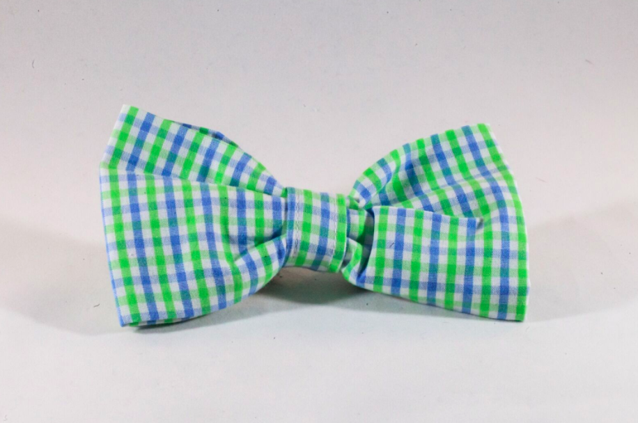 Preppy Blue And Green Gingham Dog Bow Tie