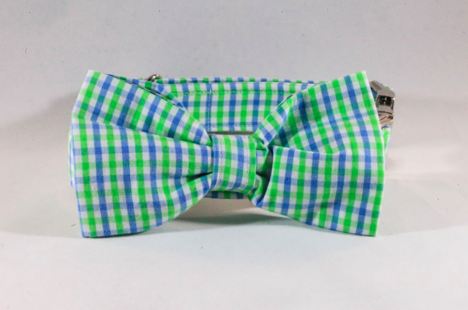 Preppy Blue And Green Gingham Dog Bow Tie Collar