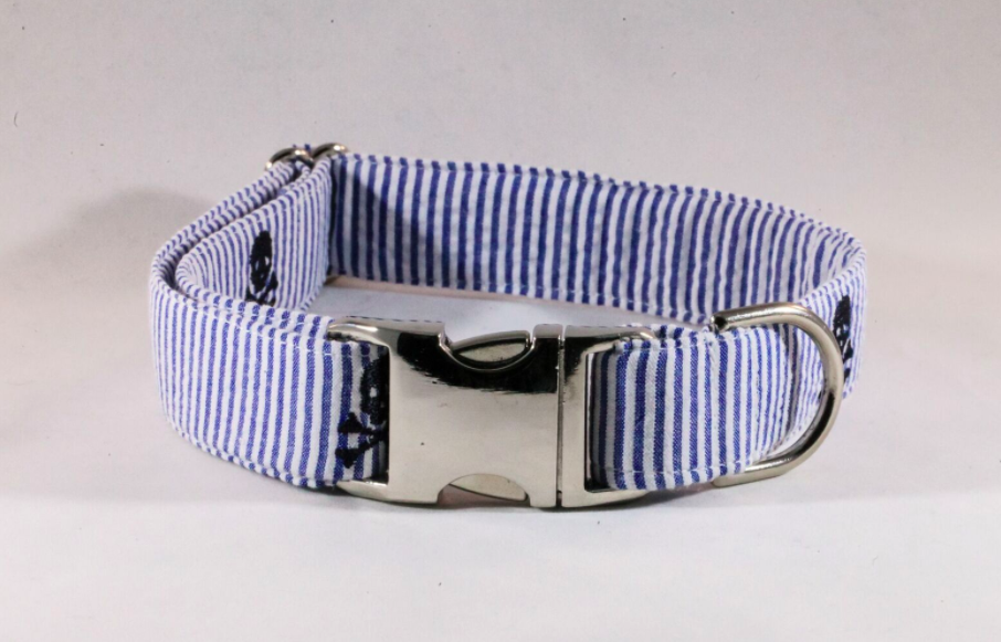 Preppy Navy Blue Skull And Cross Bones Seersucker Bow Tie Dog Collar