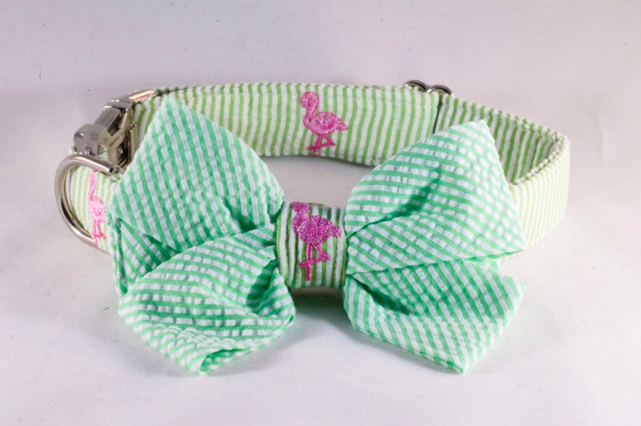 Preppy Green And Pink Flamingo Seersucker Girl Dog Bow Tie Collar