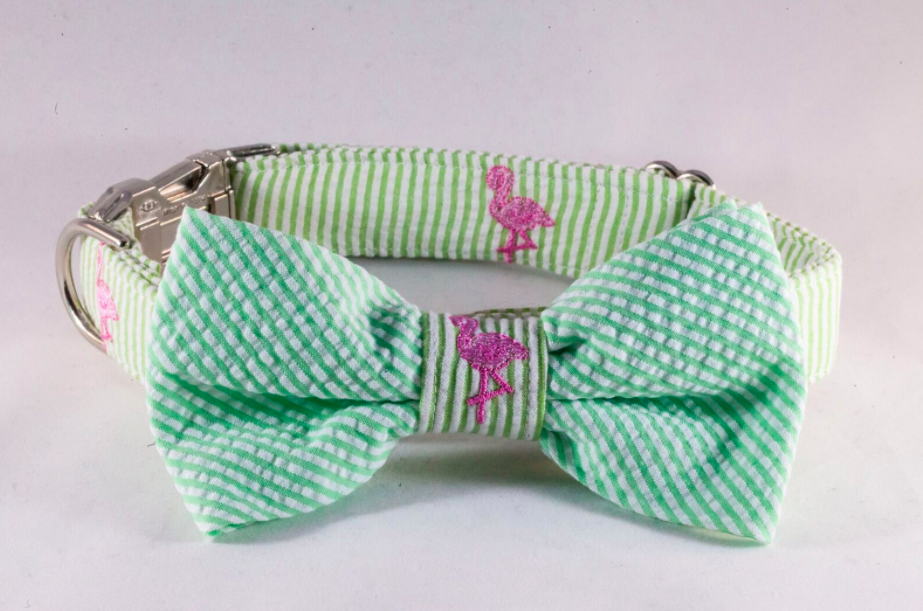 Preppy Green And Pink Flamingo Seersucker Dog Bow Tie Collar