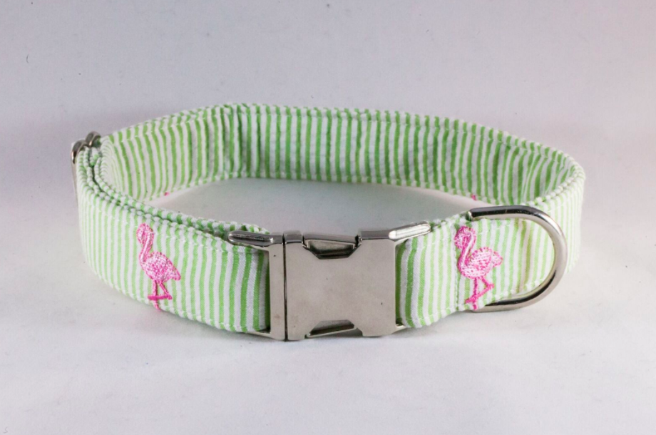 Preppy Green And Pink Flamingo Seersucker Dog Collar