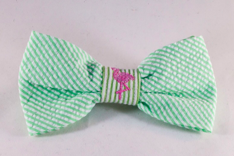 Preppy Green And Pink Flamingo Seersucker Dog Bow Tie