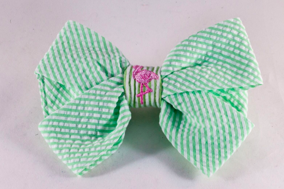 Preppy Green And Pink Flamingo Seersucker Girl Dog Bow Tie