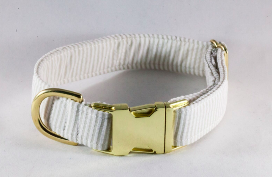 Preppy Khaki Seersucker Bow Tie Dog Collar